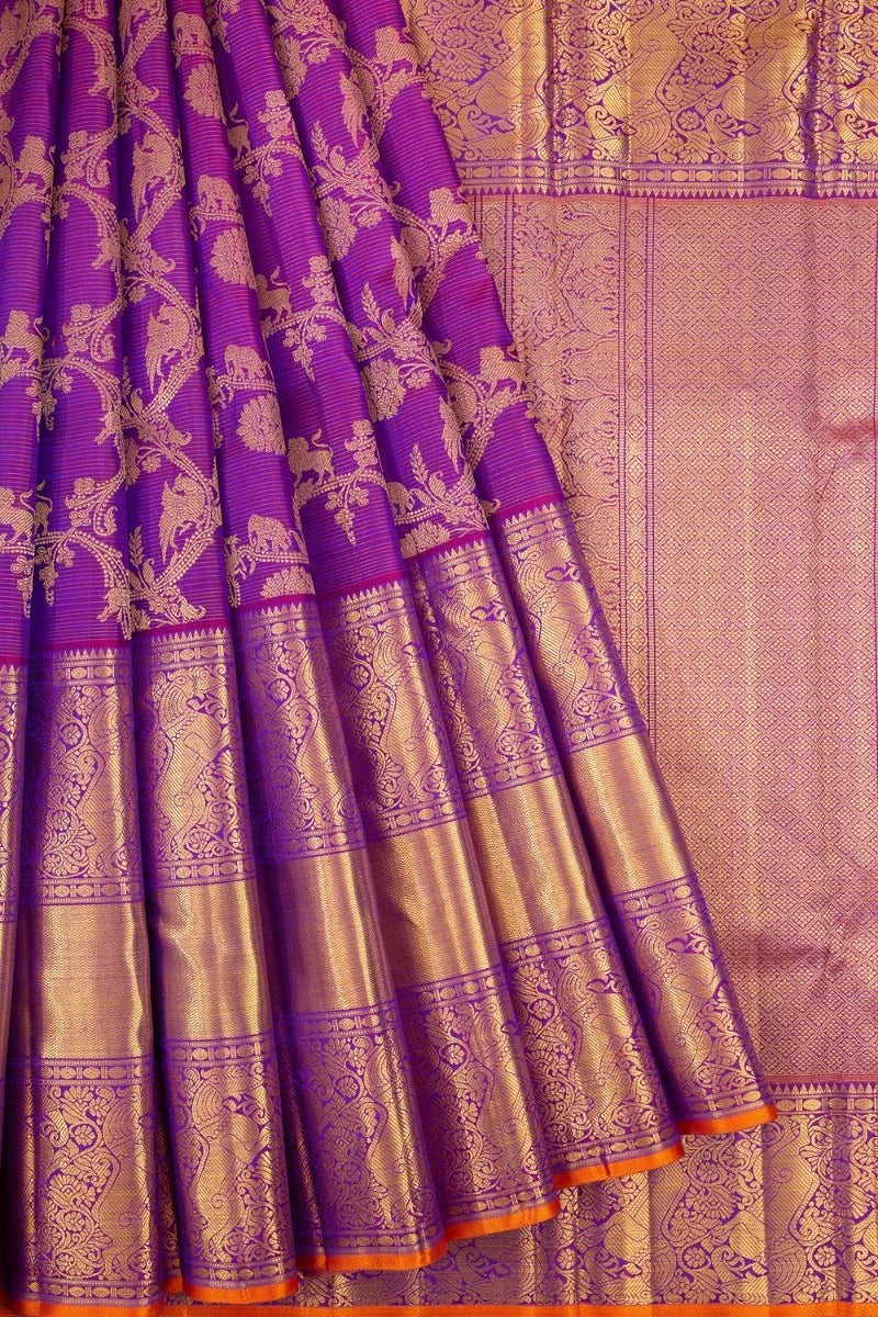 Kanchipuram Silk Oosi Lines And Jaal Purple Saree