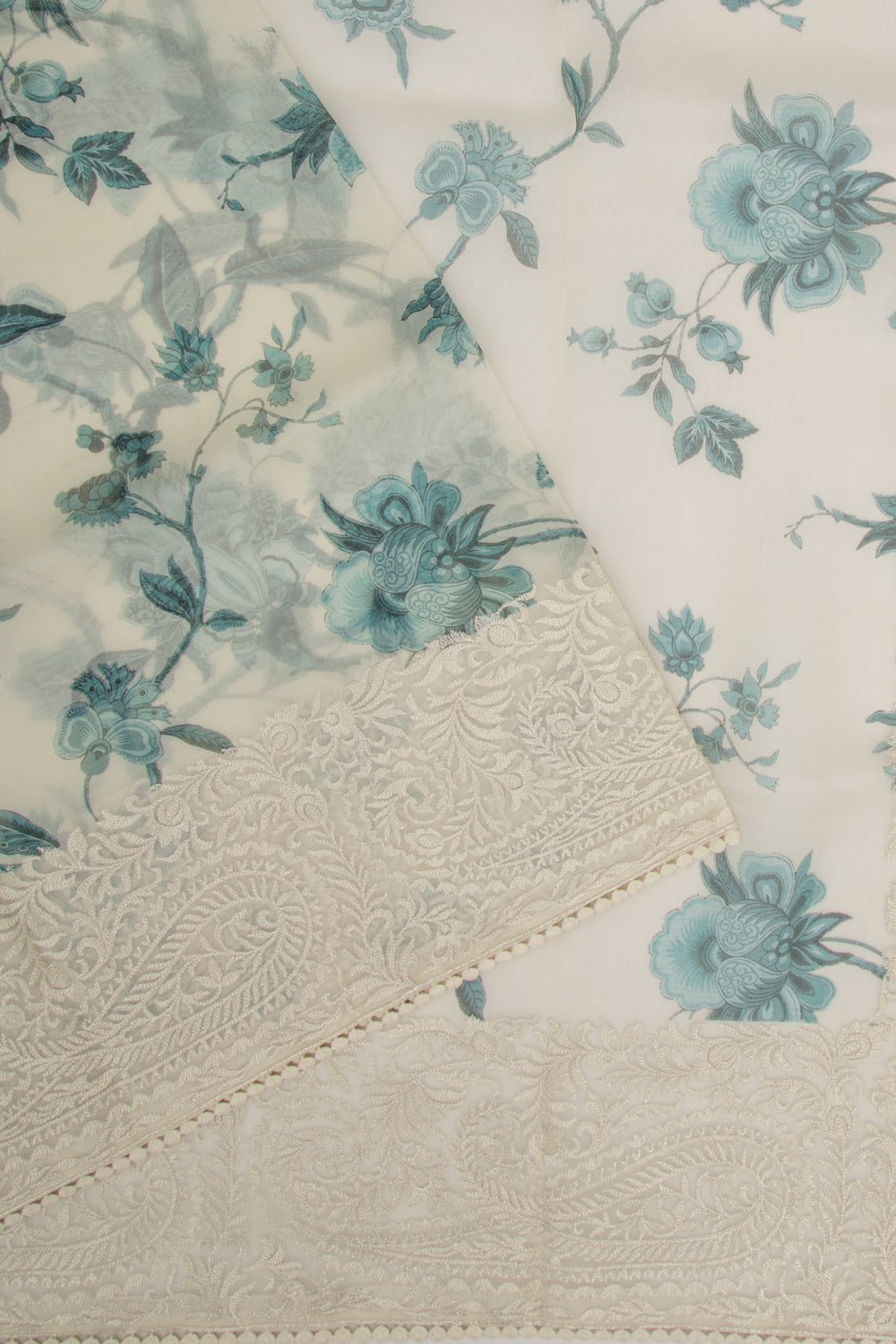 Organza Floral Printed Off White Saree
