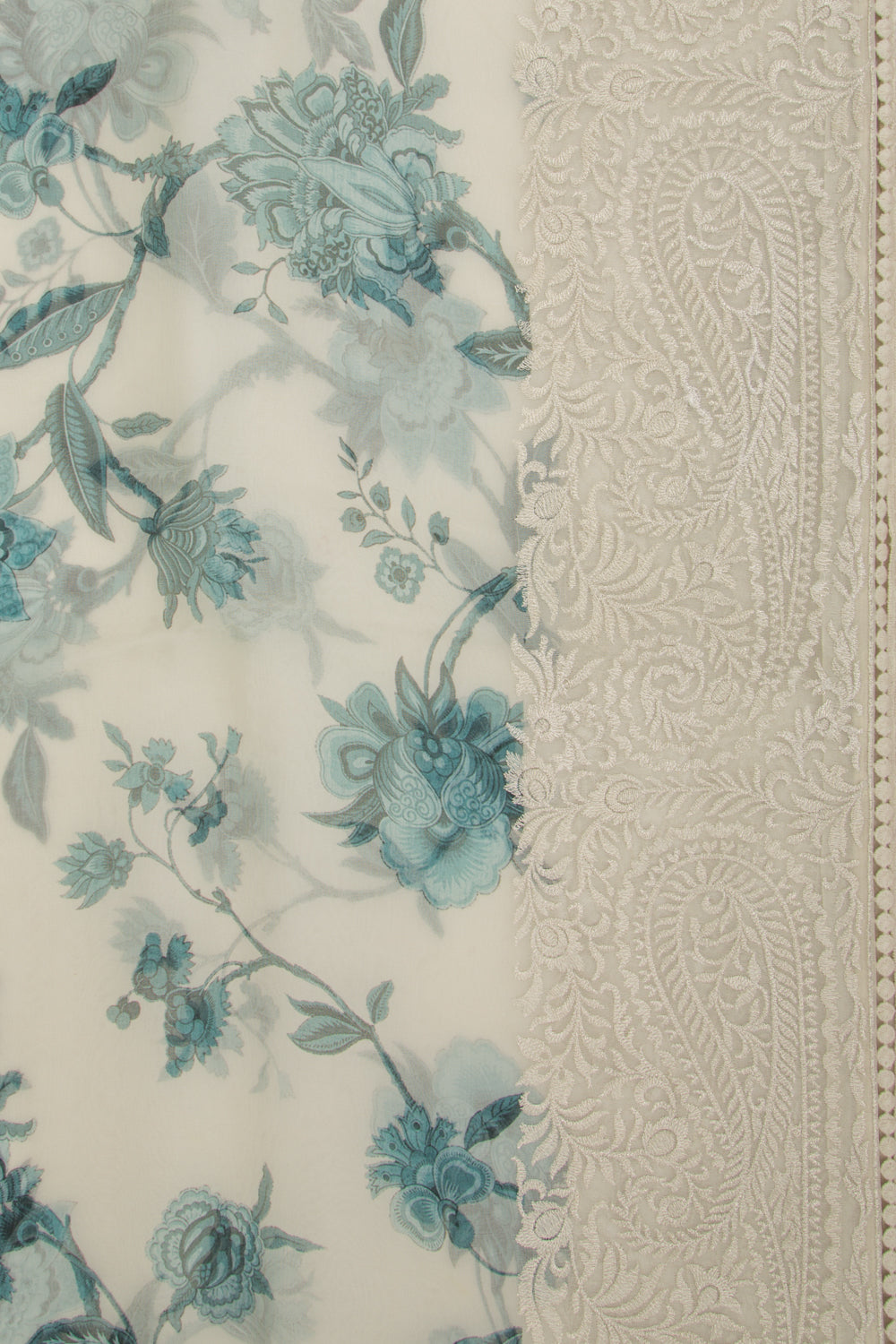 Organza Floral Printed Off White Saree