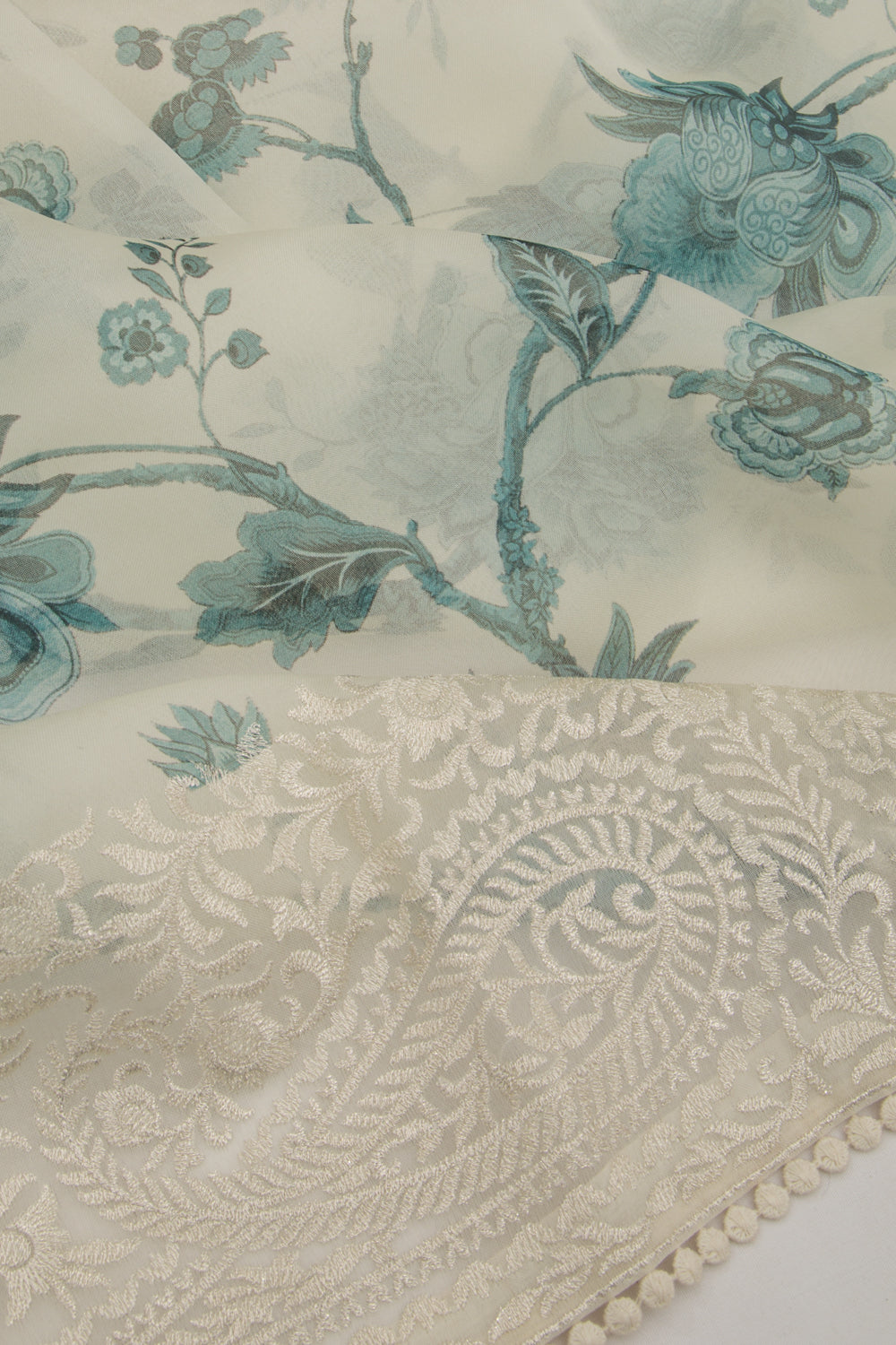 Organza Floral Printed Off White Saree