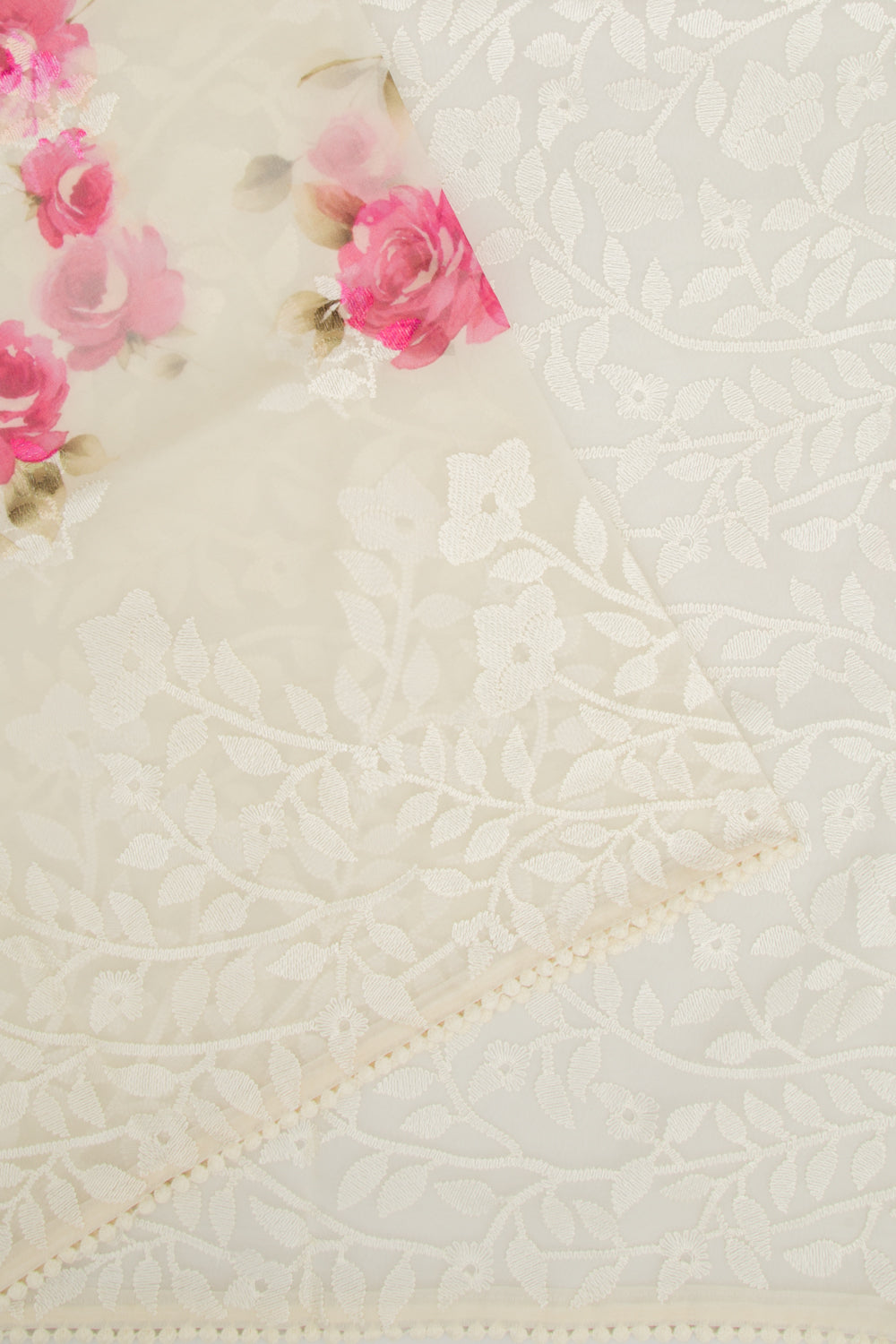 Organza Floral Embroidery Off White Saree