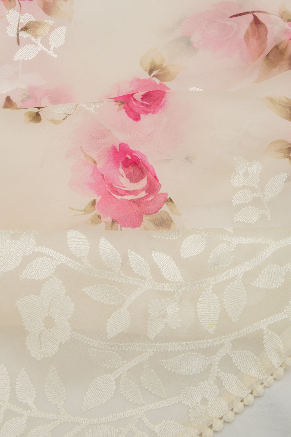 Organza Floral Embroidery Off White Saree