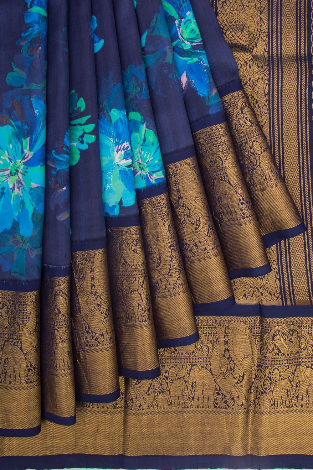 Kanchipuram Silk Floral Printed Dark Blue Saree