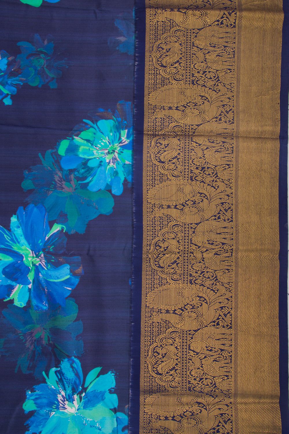 Kanchipuram Silk Floral Printed Dark Blue Saree