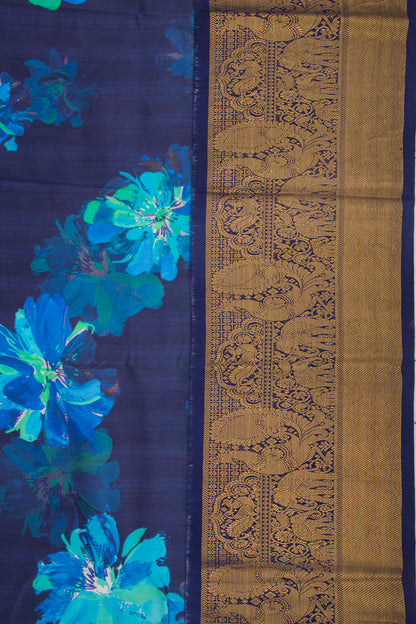 Kanchipuram Silk Floral Printed Dark Blue Saree