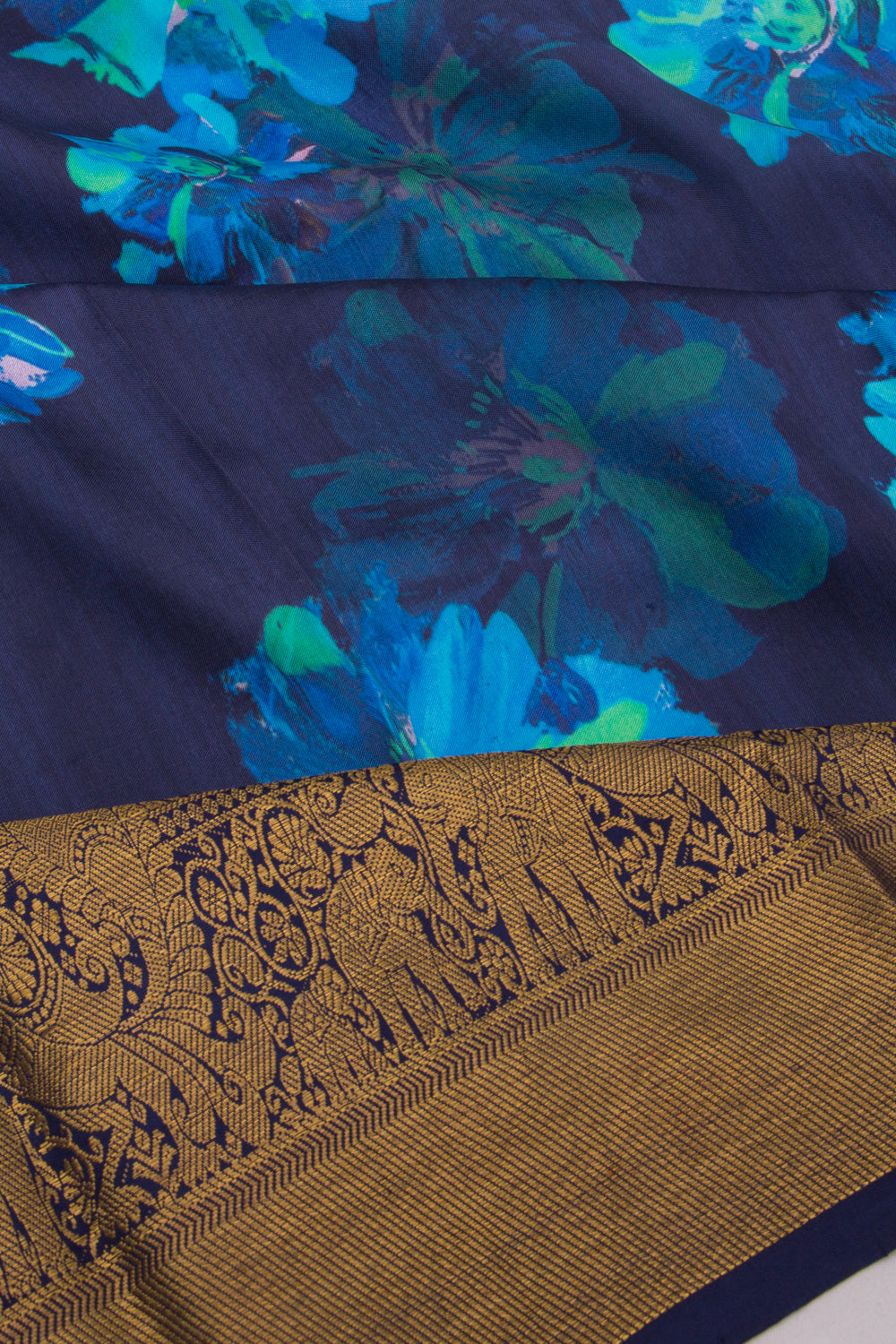 Kanchipuram Silk Floral Printed Dark Blue Saree