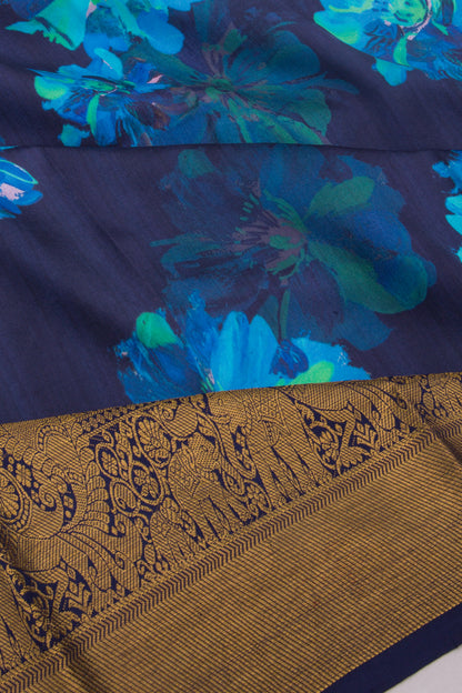 Kanchipuram Silk Floral Printed Dark Blue Saree