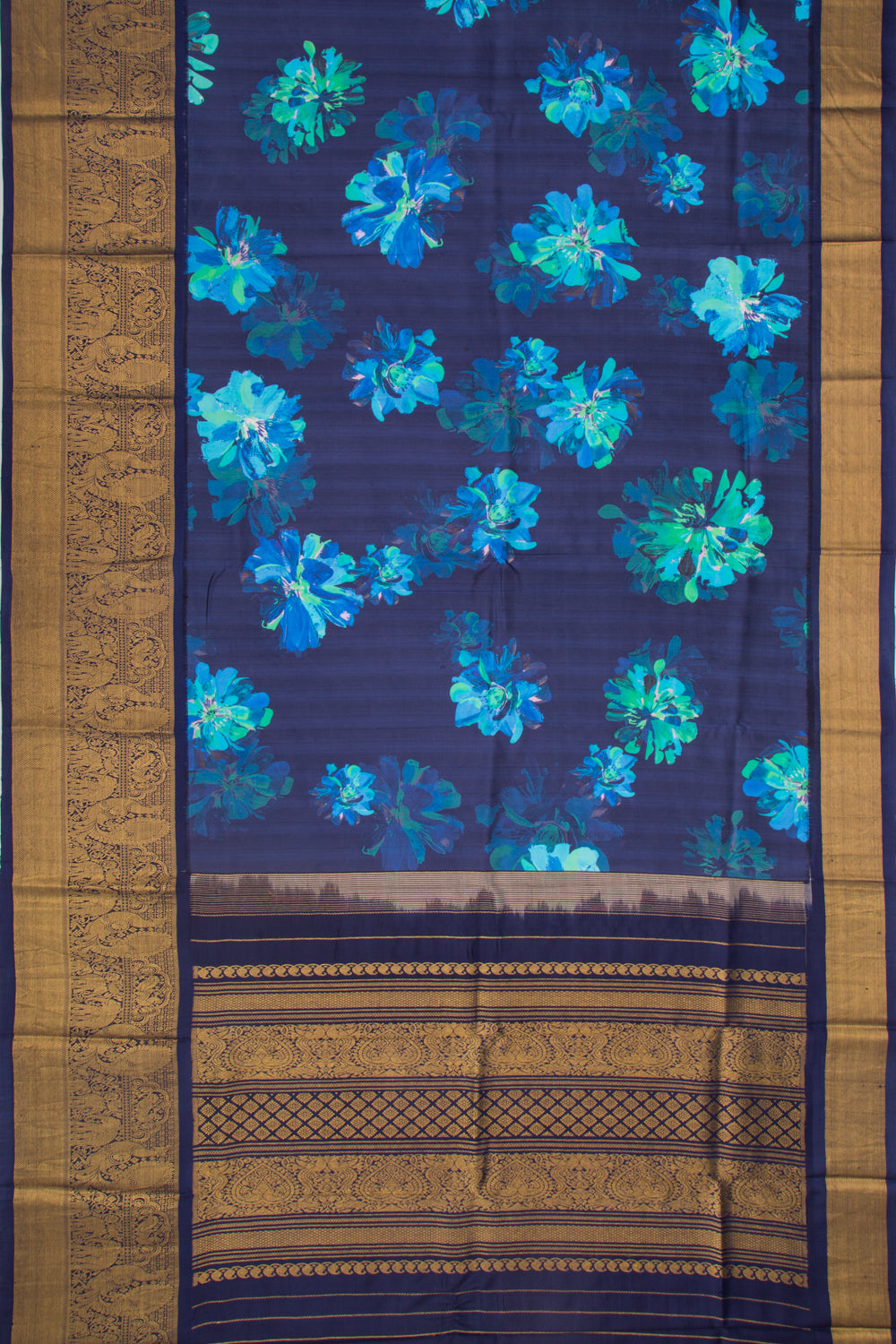 Kanchipuram Silk Floral Printed Dark Blue Saree