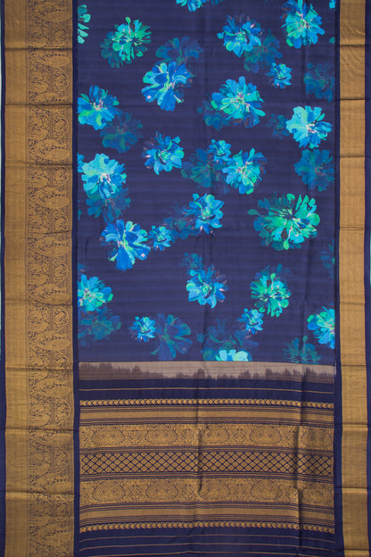 Kanchipuram Silk Floral Printed Dark Blue Saree