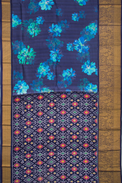 Kanchipuram Silk Floral Printed Dark Blue Saree