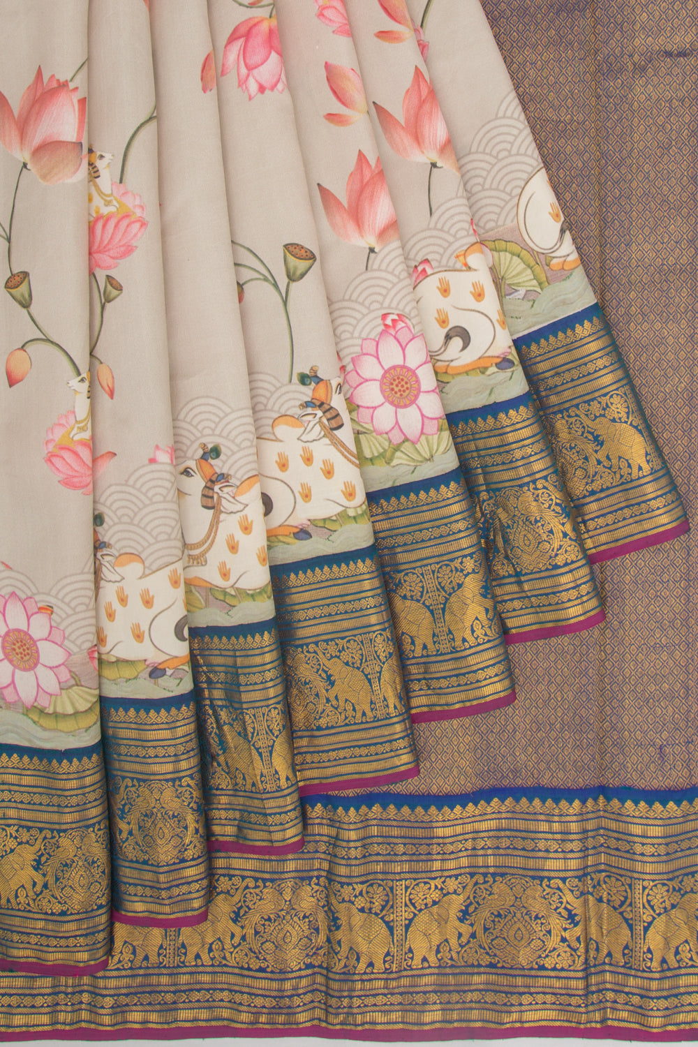 Kanchipuram Silk Floral Printed Grey Saree