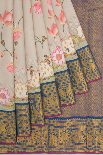 Kanchipuram Silk Floral Printed Grey Saree