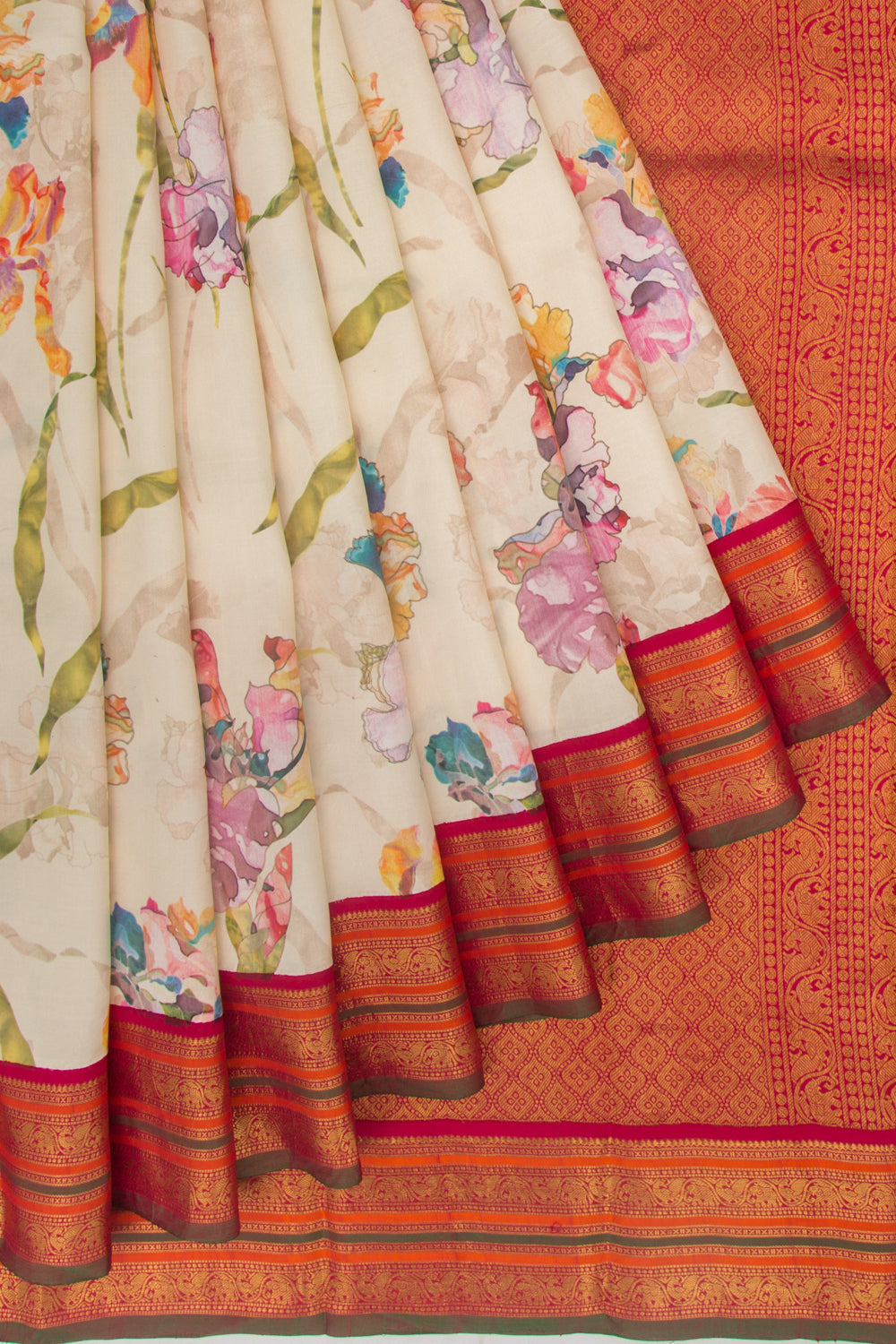 Kanchipuram Silk Floral Printed Cream Saree