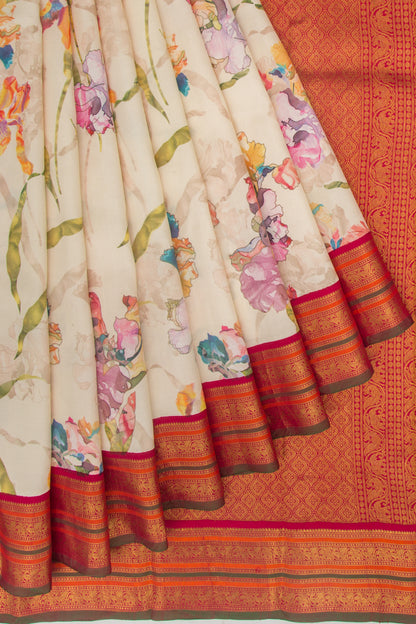 Kanchipuram Silk Floral Printed Cream Saree