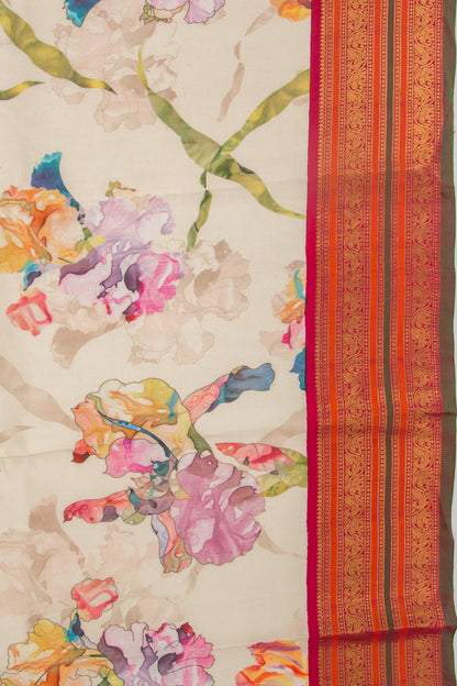 Kanchipuram Silk Floral Printed Cream Saree