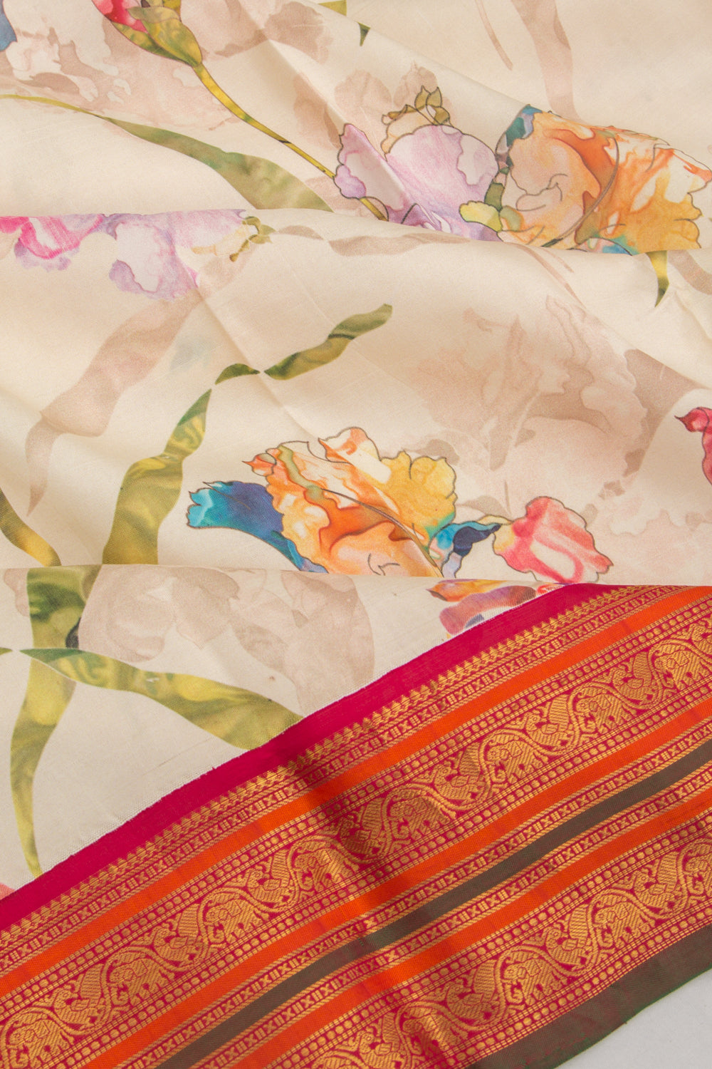 Kanchipuram Silk Floral Printed Cream Saree