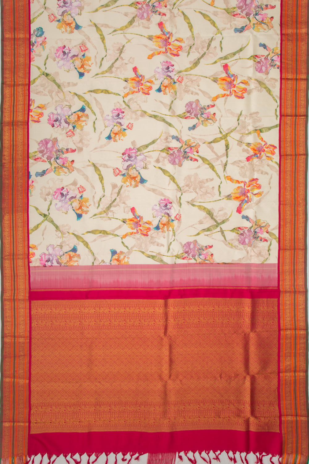 Kanchipuram Silk Floral Printed Cream Saree