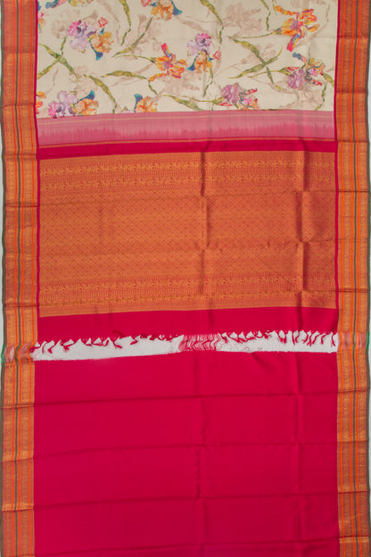 Kanchipuram Silk Floral Printed Cream Saree