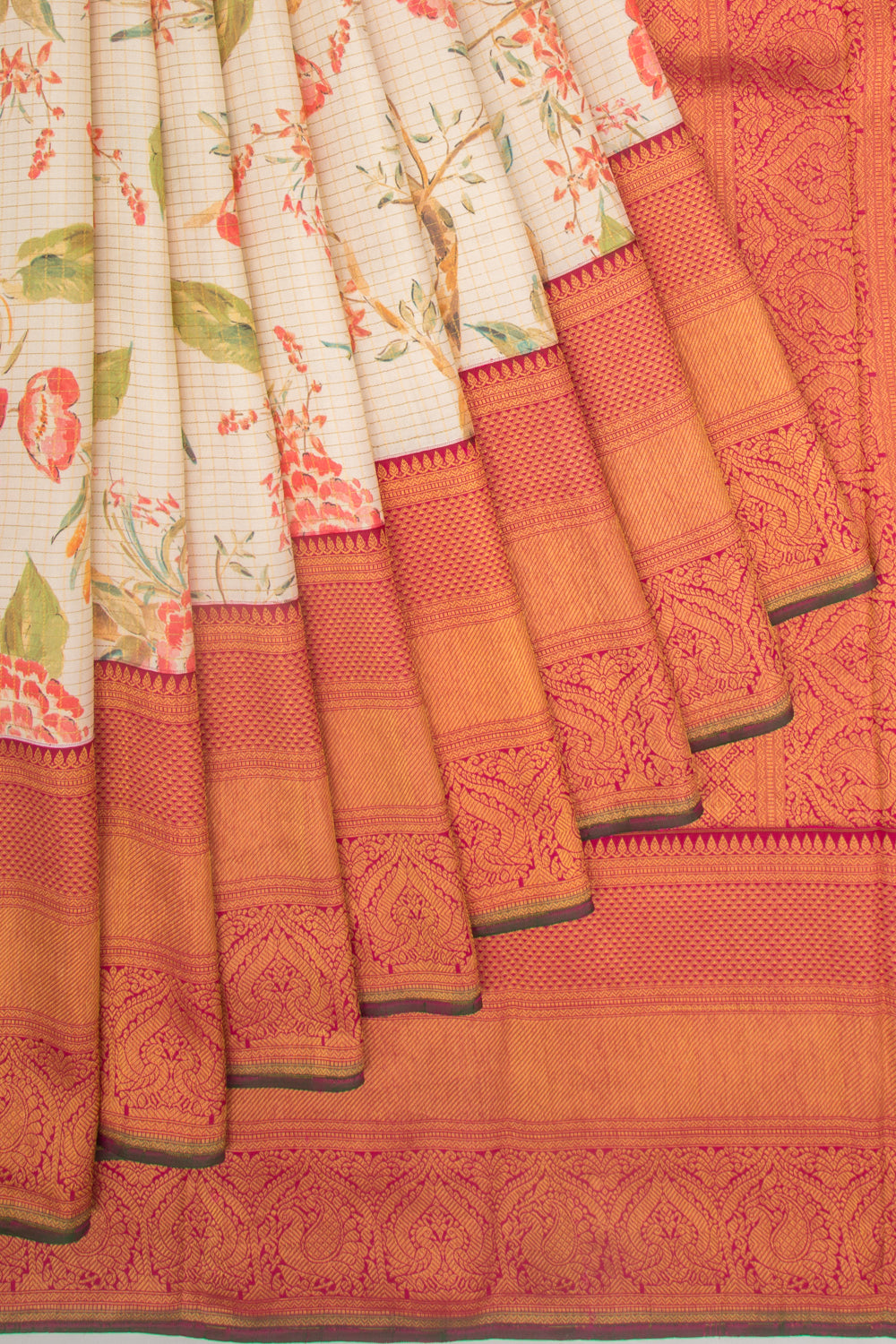 Kanchipuram Silk Checks And Floral Printed Cream Saree