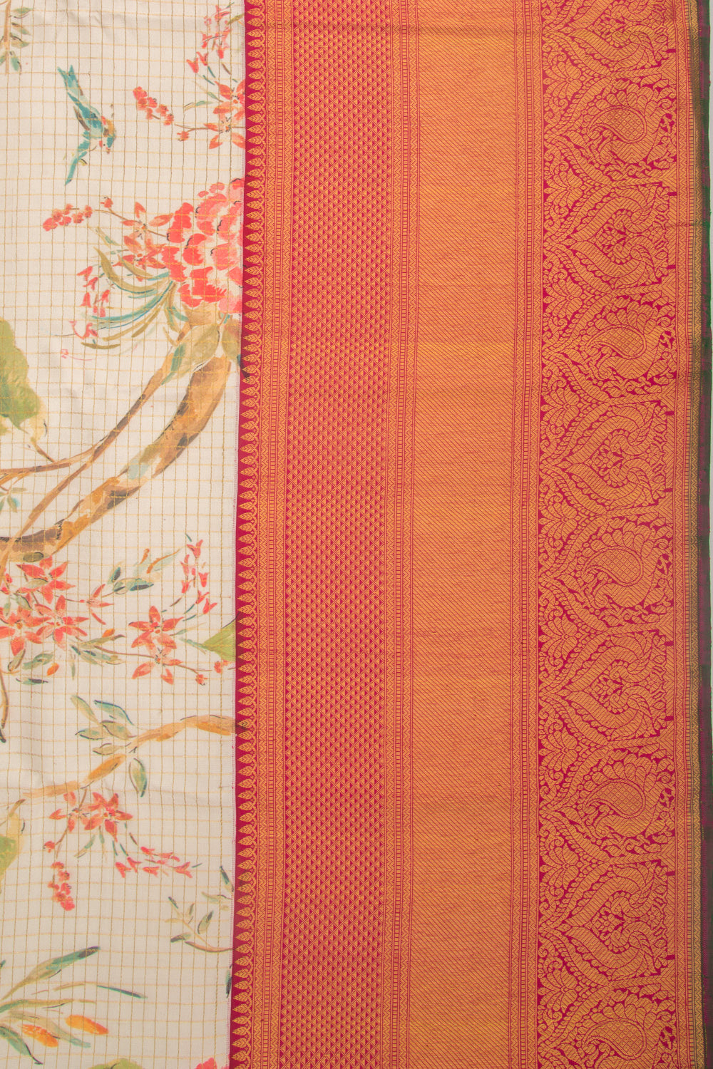 Kanchipuram Silk Checks And Floral Printed Cream Saree