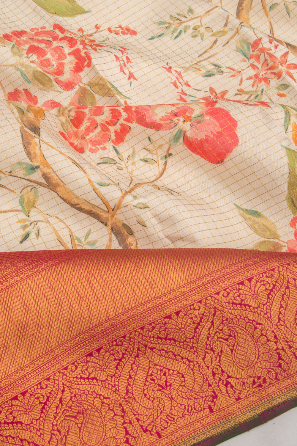 Kanchipuram Silk Checks And Floral Printed Cream Saree