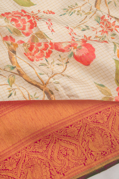 Kanchipuram Silk Checks And Floral Printed Cream Saree