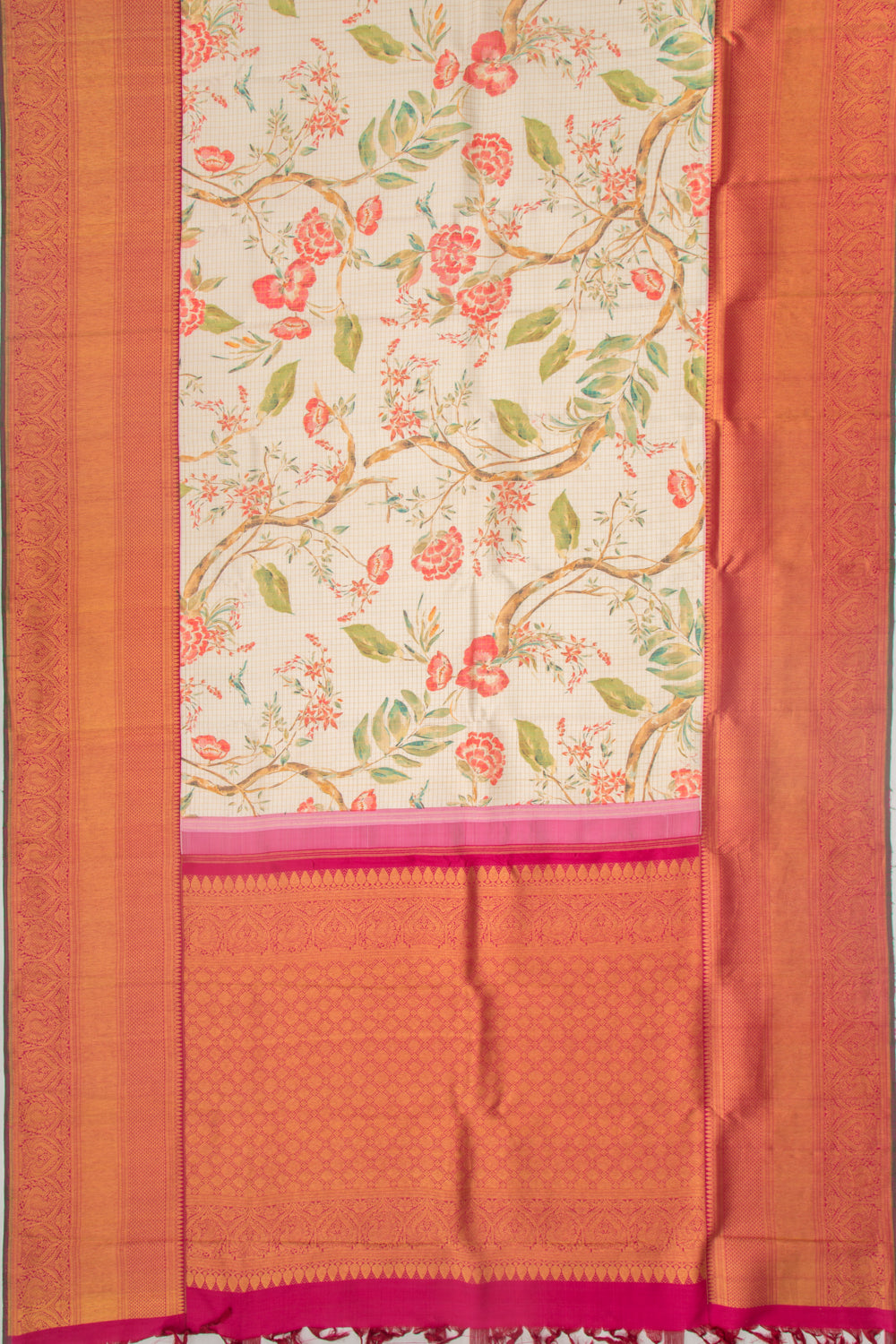 Kanchipuram Silk Checks And Floral Printed Cream Saree