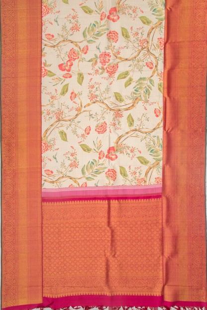 Kanchipuram Silk Checks And Floral Printed Cream Saree
