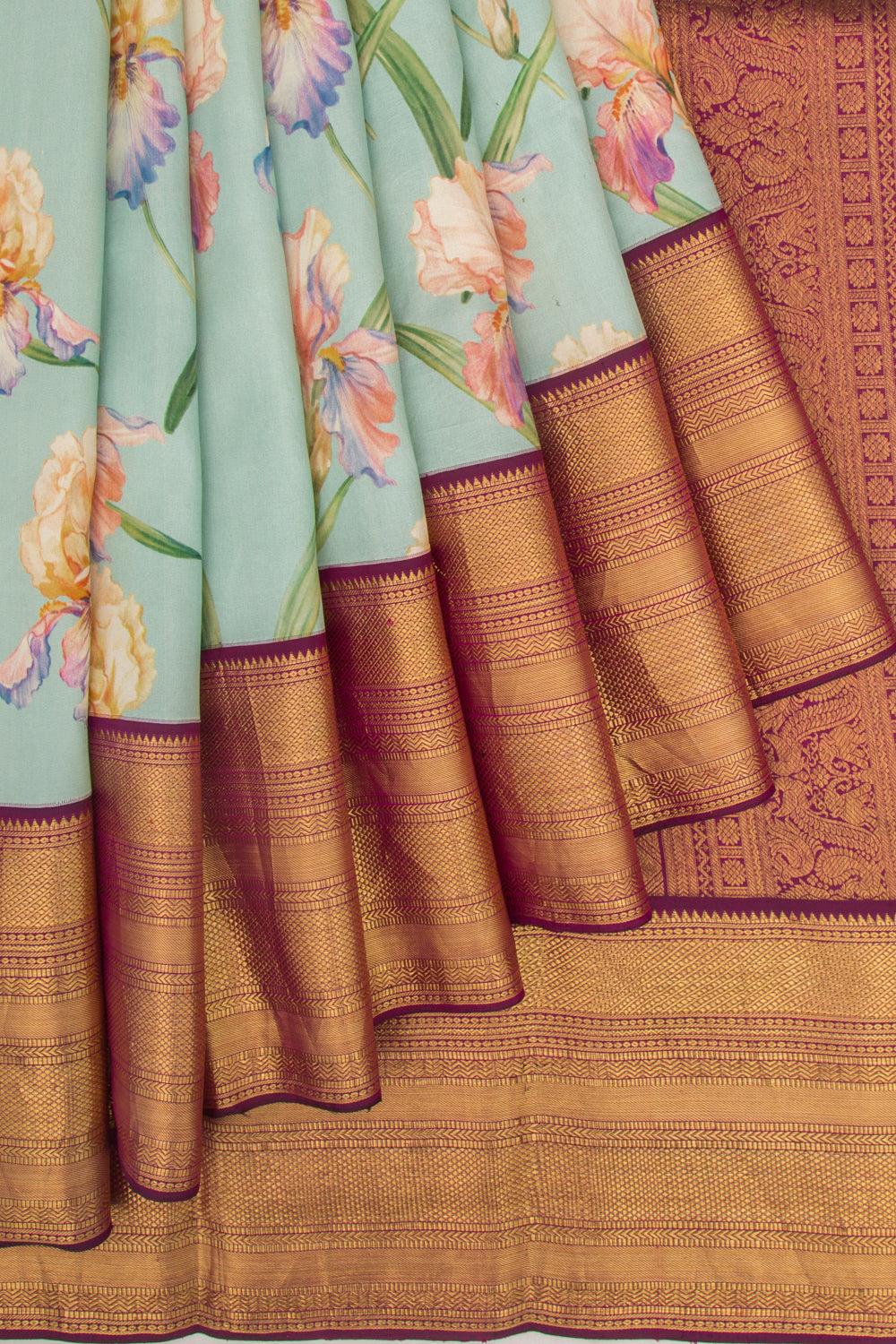 Kanchipuram Silk Floral Printed Pastel Blue Saree