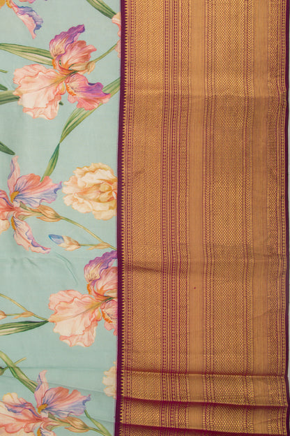 Kanchipuram Silk Floral Printed Pastel Blue Saree