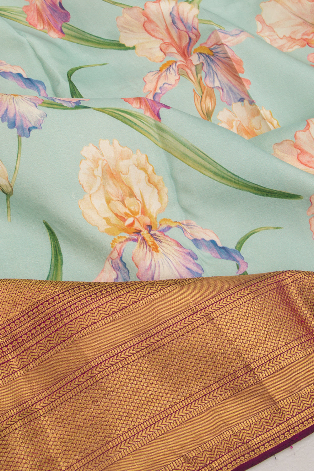 Kanchipuram Silk Floral Printed Pastel Blue Saree