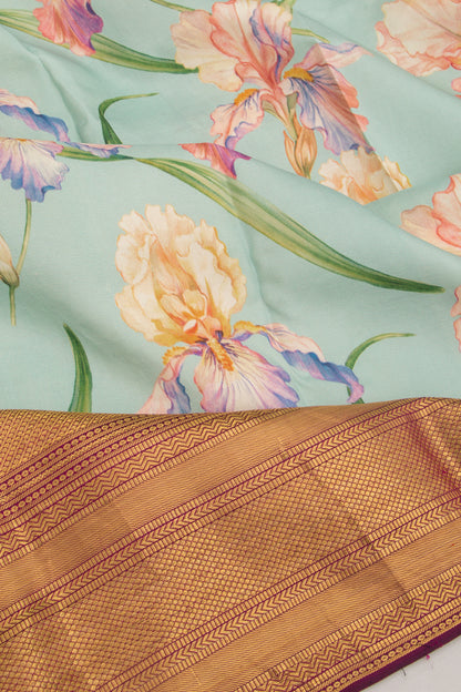Kanchipuram Silk Floral Printed Pastel Blue Saree