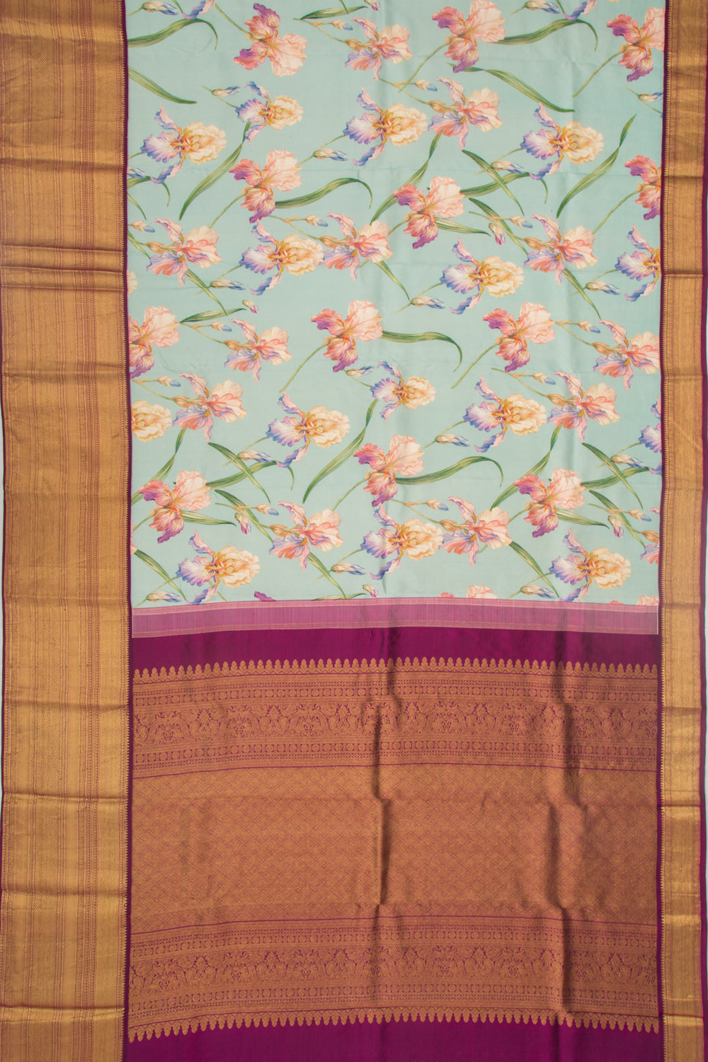 Kanchipuram Silk Floral Printed Pastel Blue Saree