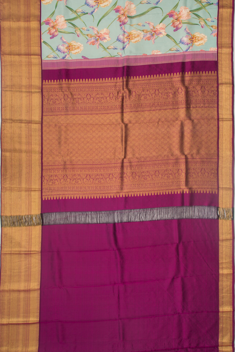 Kanchipuram Silk Floral Printed Pastel Blue Saree