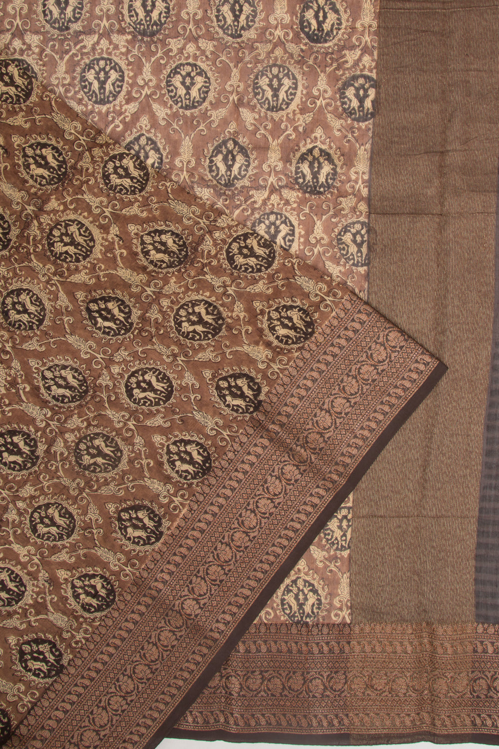 Chanderi Cotton Printed Brown Saree