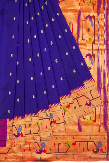 Paithani Silk Butta Dark Blue Saree With Akruthi Border