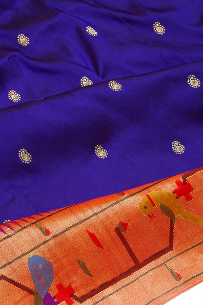 Paithani Silk Butta Dark Blue Saree With Akruthi Border