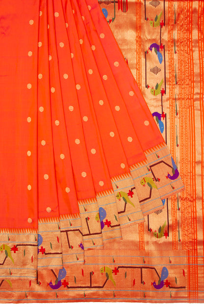 Paithani Silk Butta Orange Saree With Akruthi Border
