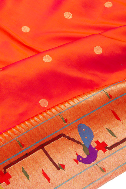 Paithani Silk Butta Orange Saree With Akruthi Border