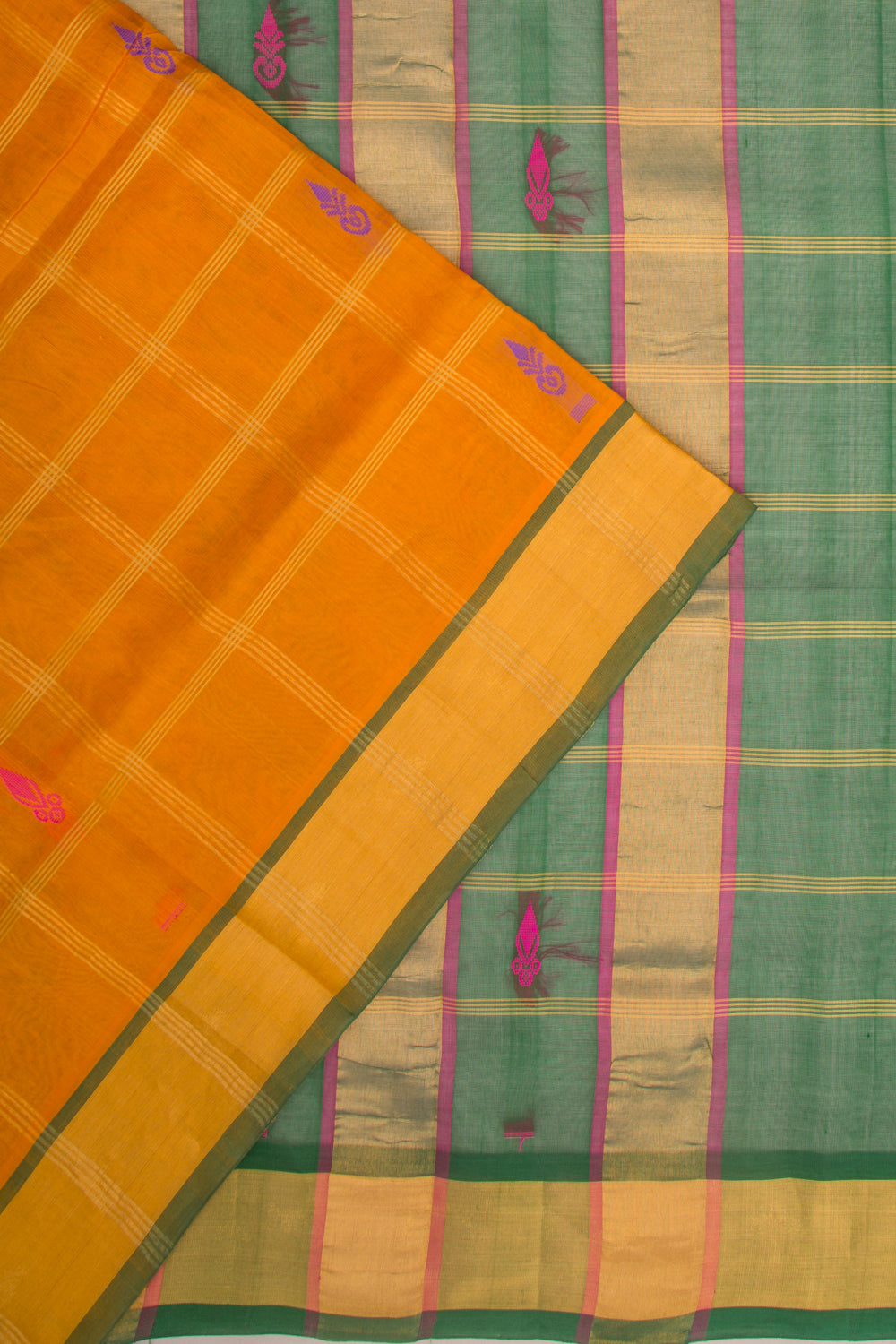 Mangalgiri Cotton And Silk Checks And Butta Mustard Yellow Saree