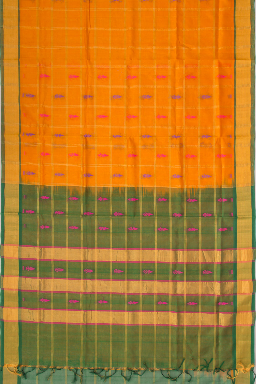 Mangalgiri Cotton And Silk Checks And Butta Mustard Yellow Saree