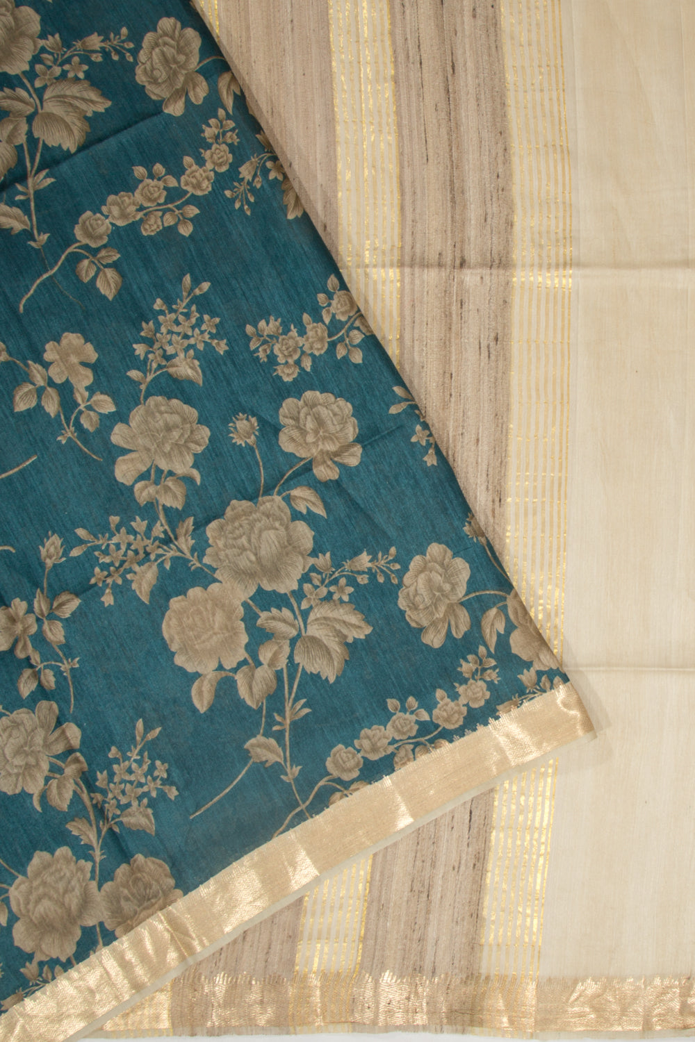 Tussar Floral Printed Teal Blue Saree
