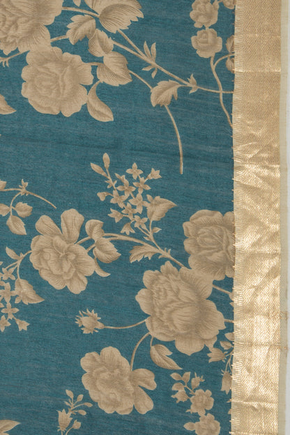Tussar Floral Printed Teal Blue Saree