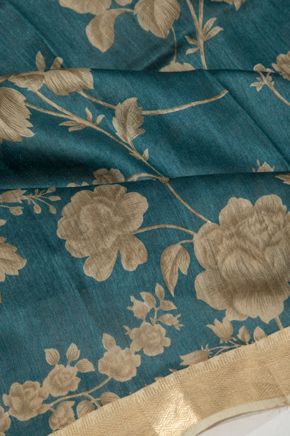Tussar Floral Printed Teal Blue Saree