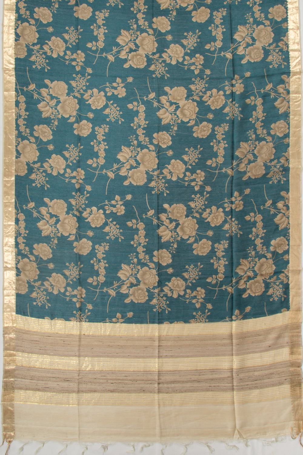 Tussar Floral Printed Teal Blue Saree