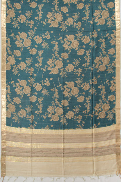 Tussar Floral Printed Teal Blue Saree