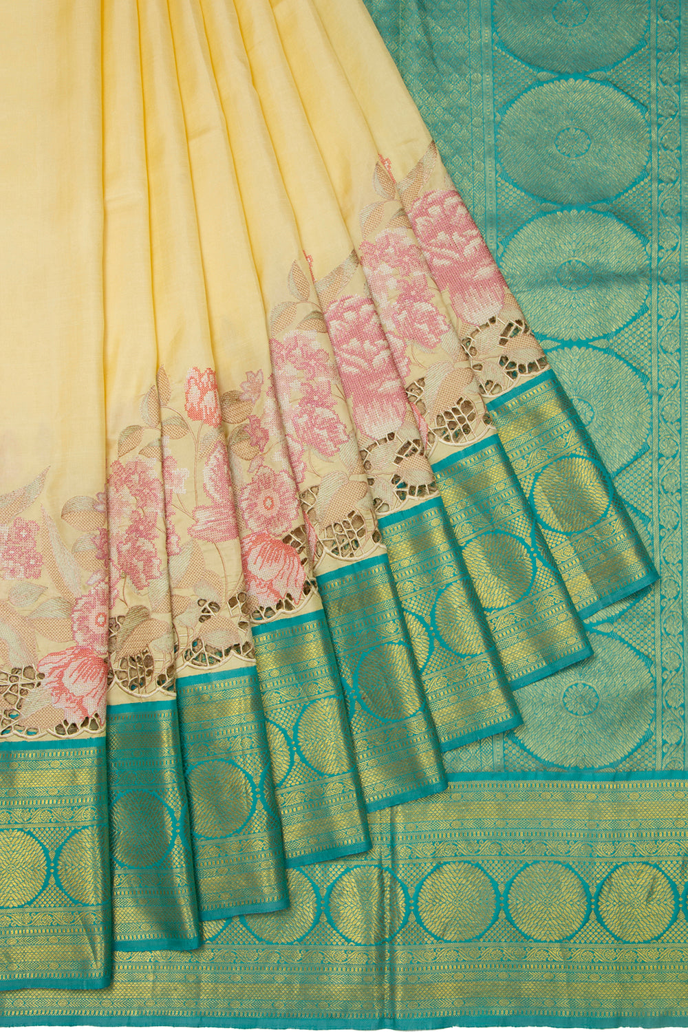 Kanchipuram Silk Butta Pastel Lemon Yellow Saree With Cut Work Border