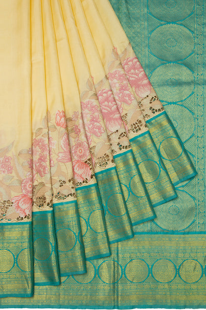 Kanchipuram Silk Butta Pastel Lemon Yellow Saree With Cut Work Border
