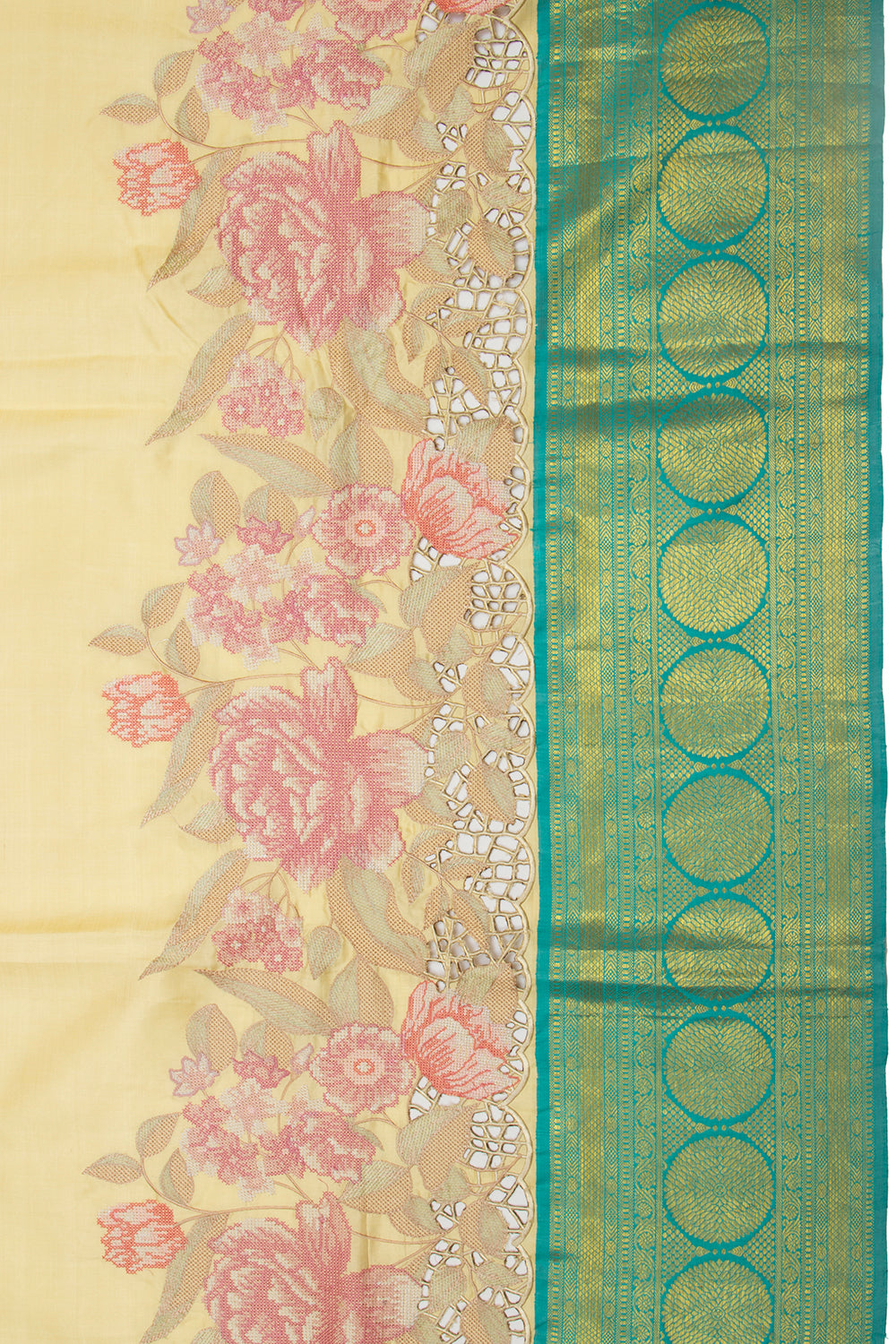 Kanchipuram Silk Butta Pastel Lemon Yellow Saree With Cut Work Border