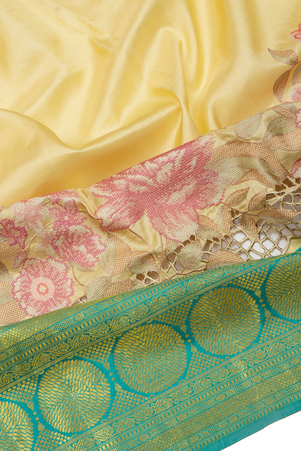 Kanchipuram Silk Butta Pastel Lemon Yellow Saree With Cut Work Border